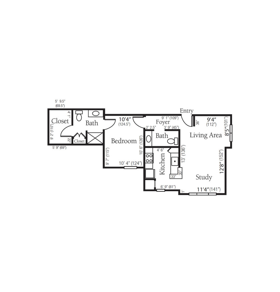 Independent Living Essex, One Bedroom With Study, 1.5 Bath floor plan image.
