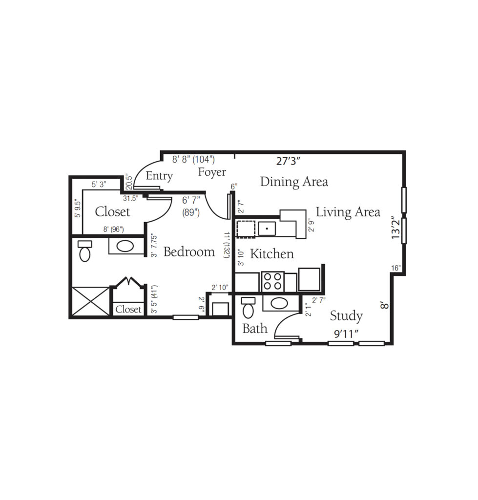Independent Living Kensington, One Bedroom With Study, 1.5 Bath floor plan image.