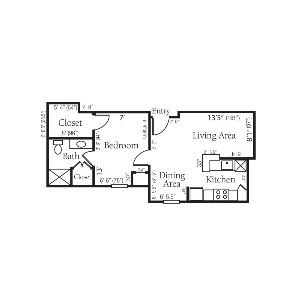 Independent Living Wilcrest, One Bedroom floor plan image.