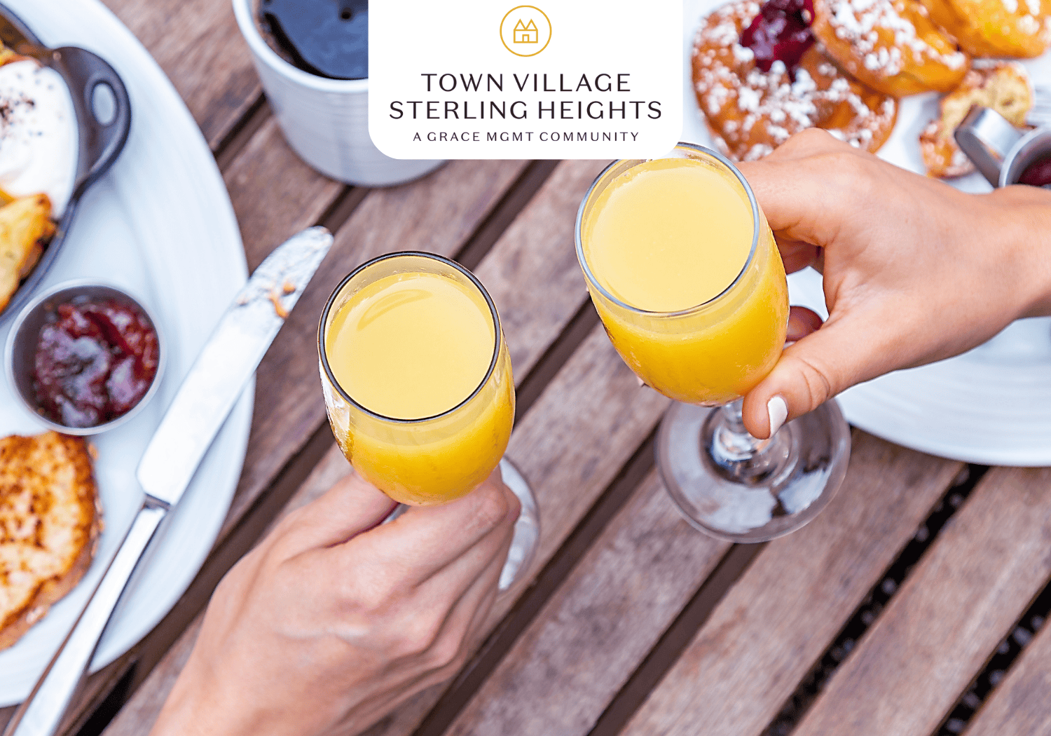 TVSH _ Breakfast Bubbly - Town Village Sterling Heights orange juice being taosted and food on table