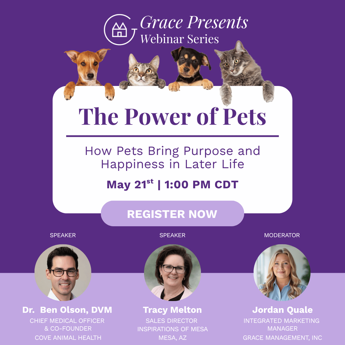 Pet-themed webinar banner with four pets over a white title card reading 'The Power of Pets' and a 'REGISTER NOW' button; three speaker photos below on purple background.