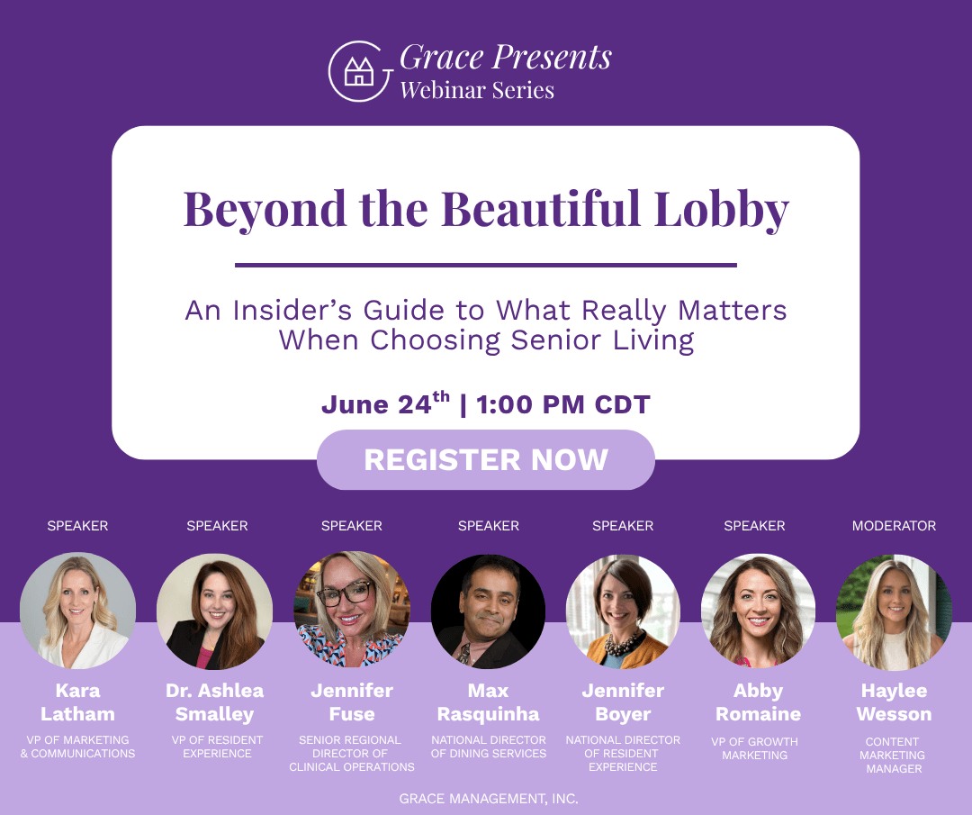 Promotional banner for Grace Presents Webinar: 'Beyond the Beautiful Lobby' with date June 24, 1:00 PM CDT and a prominent 'Register Now' button; includes headshots and titles of seven speakers and a moderator in purple branding.